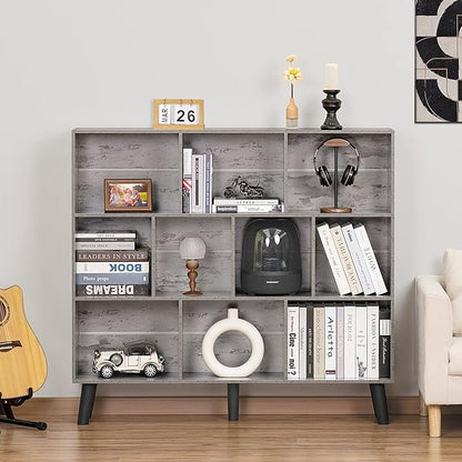 LEYAOYAO 10 Cube Bookshelf,3 Tier Modern Wide Bookcase with Legs,Mid-Century Wood Bookshelves Storage，Retro Grey Large Book Case,Freestanding Organizer Display Shelf for Bedroom,Living Room,Office
