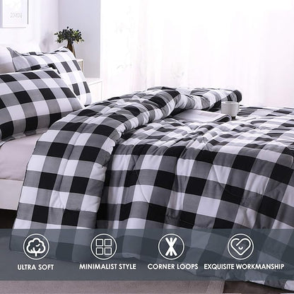 Andency Black Plaid Comforter Set Twin Size (66x90 Inch), 2 Pieces (1 Gingham Comforter and 1 Pillowcase), Summer Lightweight Microfiber Buffalo Check Down Alternative Comforter Set for Kids Boys