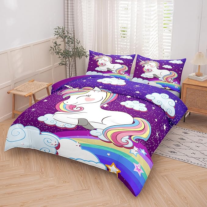 Tailor Shop Unicorn Bedding Sets Queen Size,Purple Unicorn Comforter Sets for Girls Kids Teens with 2 Pillowcase…