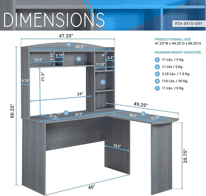 NicBex Laik-DW-00039-DX Desks, 47.25" W x 49.25" D x 62.5" H, Gray