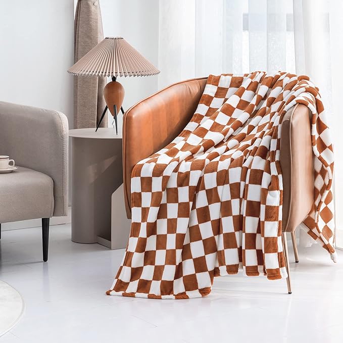 LOMAO Throw Blankets Flannel Blanket with Checkerboard Grid Pattern Soft Throw Blanket for Couch, Bed, Sofa Luxurious Warm and Cozy for All Seasons (Maple Brown, 50"x60")