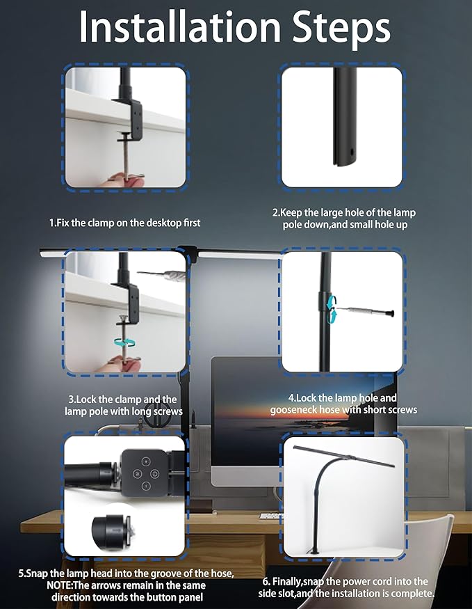 LED Desk Lamp with Remote for Home Office,24W Bright Desk Light with Clamp for Study Reading, Double Head Eye-Caring Clip on Lights,10 Dimmable Brightness, 50,000H Life Span,Desk Lamp for Workbench