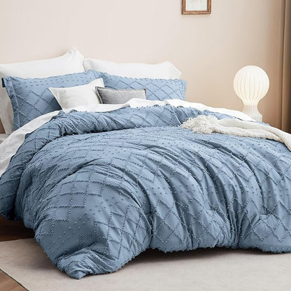 Bedsure Full Size Comforter Set - Grayish Blue Comforter, Boho Tufted Shabby Chic Bedding Comforter Set, 3 Pieces Farmhouse Bed Set for All Seasons, Fluffy Soft Bedding Set with 2 Pillow Shams