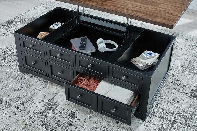Signature Design by Ashley Wildenauer Farmhouse 2-Drawer Lift-Top Coffee Table with 2 Storage Bins Under Top and Casters, Light Brown & Black