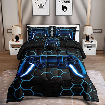 6 Pieces Gaming Bedding Set for Boys Gamer Comforter Set Queen Size,Game Controller Comforter for Boys Kids Teen 3D Gamepad Microfiber Bedding Sets 6 Pieces Bed in A Bag Sets H50022,Queen