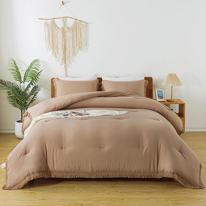 Andency Taupe Comforter Set California King, 3 Pieces Boho Tassel Lightweight Bedding Comforter Sets, Tan All Season Soft Fluffy Fringe Bed Set (104x96In Comforter & 2 Pillowcases)