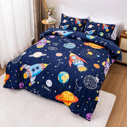 Aimuan Space Comforter Twin Set Kids Rocket Bedding Set Super Soft & Cute Aliens UFO Printed for Boys Girls Teen (Navy, Twin 5Pcs)