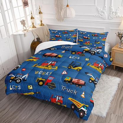 Axolotl Tractor Truck Bedding Set Full,Excavator Comforter Set,Vehicles Truck Comforter,Boys Bedding Machinery Truck Comforter Construction Site Decor for Kids Boys Teens,1 Quilt 2 Pillowcases,Blue