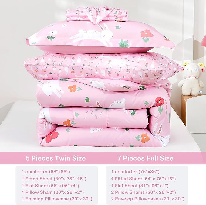Mooreeke Bed in a Bag for Kids Girls Teens, 7 Pieces Full Size Comforter Bed Set with Shams, Sheet Set, Rabbit Pink Super Soft Microfiber Kids Comforter Bedding Set