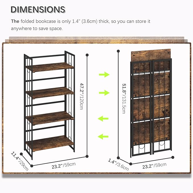 4NM No-Assembly 4 Tiers Folding Bookshelf Storage Shelves Vintage Bookcase Standing Racks Study Organizer Home Office - Rustic Brown and Black