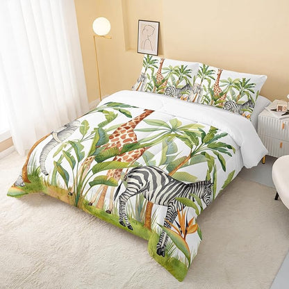Wild Animal Comforter Full Size,Elephant Giraffe Zebra Kids Comforter Set,Jungle Comforter,3Pcs Bedding Set Printed Comforter with 2 Pillowcases,Down Alternative,Soft and Lightweight
