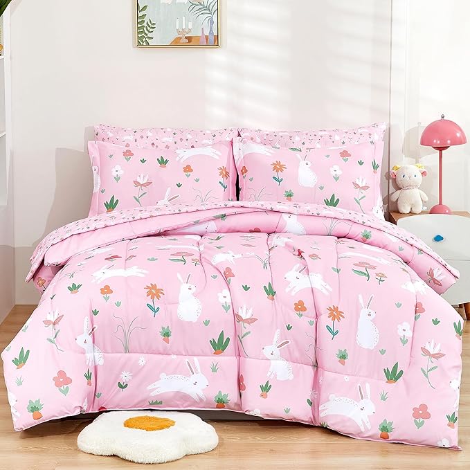 Mooreeke Bed in a Bag for Kids Girls Teens, 7 Pieces Full Size Comforter Bed Set with Shams, Sheet Set, Rabbit Pink Super Soft Microfiber Kids Comforter Bedding Set