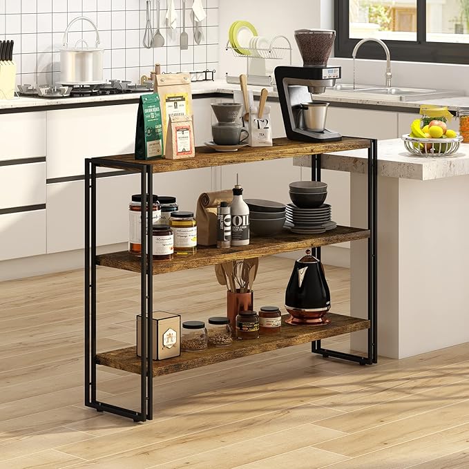 3-Tier Rustic Wood and Metal Industrial Bookcase - 40in, For Home Office, Bedroom, Kitchen, Bathroom
