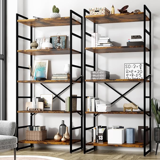 Shintenchi 2 Pieces 5 Tiers Bookshelf, Classically Tall Bookcase Shelf, Industrial Book Rack, Modern Book Holder in Bedroom/Living Room/Home/Office, Storage Rack Shelves for Books/Movies Brown