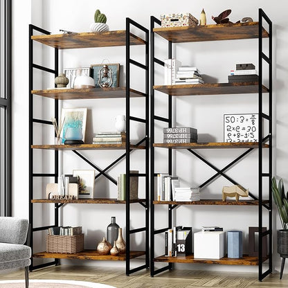 Shintenchi 2 Pieces 5 Tiers Bookshelf, Classically Tall Bookcase Shelf, Industrial Book Rack, Modern Book Holder in Bedroom/Living Room/Home/Office, Storage Rack Shelves for Books/Movies Brown