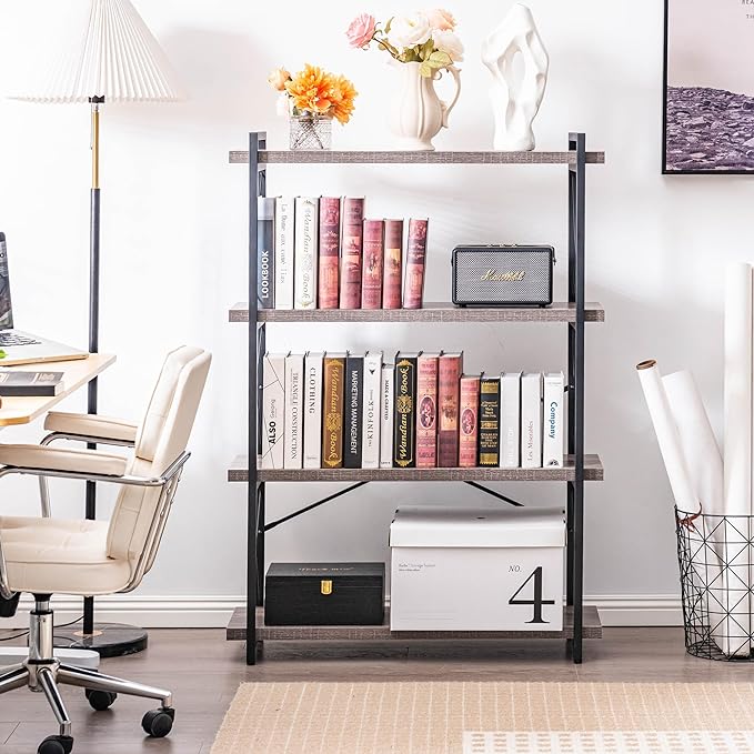 HCHQHS Bookshelf, 4-Tier Industrial Bookcase, Rustic Open Book Shelf, Freestanding Tall Bookshelves with Metal Frame