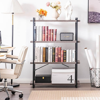 HCHQHS Bookshelf, 4-Tier Industrial Bookcase, Rustic Open Book Shelf, Freestanding Tall Bookshelves with Metal Frame