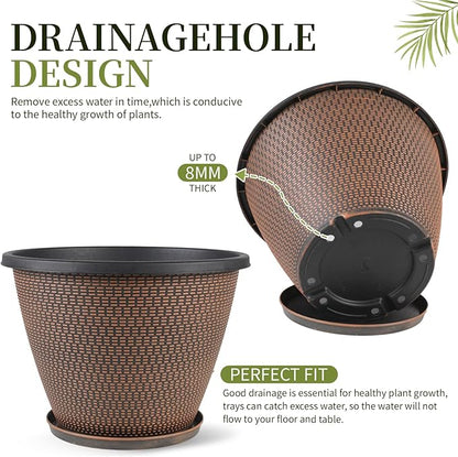 12 inch Pots for Plants, 4 Pack Large Outdoor Planter Pot with Drainage Holes & Saucers, Plastic Flower Pots for Indoor Plants, Decorative Garden Pots for Indoor & Outdoor Plant (Black Copper)