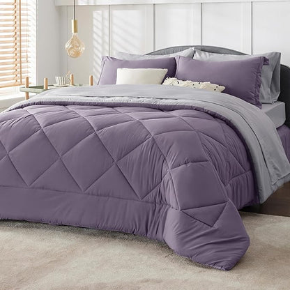 Bedsure Grayish Purple King Size Comforter Set - 7 Pieces Reversible King Bed in a Bag, King Bed Set Grayish Purple and Grey with Comforters, Sheets, Pillowcases & Shams