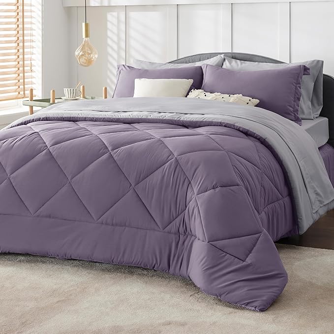 Bedsure Grayish Purple Queen Comforter Set - 7 Pieces Reversible Queen Bed in a Bag, Queen Bed Set Grayish Purple and Grey with Comforters, Sheets, Pillowcases & Shams