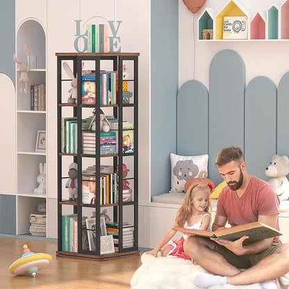 Aheaplus Rotating Bookshelf, Corner Bookshelf, 360 Display Wood Spinning Bookshelf, Floor Standing Bookcase Narrow Shelf Revolving Organizer Storage Rack for Small Space, Bedroom, Study Room