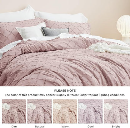 Bedsure King Size Comforter Set - Dusty Rose Boho Comforter, Tufted Shabby Chic Bedding Comforter Set, 3 Pieces Vintage Farmhouse Bed Set for All Seasons, Fluffy Soft Bedding Set with 2 Pillow Shams
