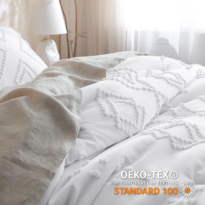 Bedsure Boho Comforter Set Queen - Linen Tufted Bedding Comforter Set, 3 Pieces Farmhouse Shabby Chic Embroidery Bedding Set, Soft Geometric Pattern Comforter for All Seasons