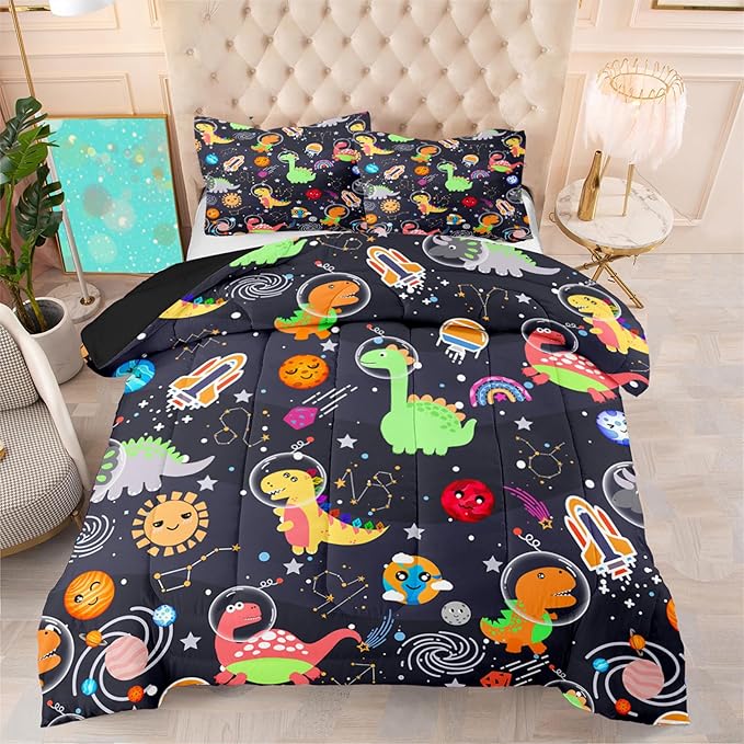 Dinosaur Bedding Set for Boys - 2Pcs Lovely Black Dinosaur Bedding Set for Bedroom Twin Size Cute Animal Patterns Dinosaur Comforter Set for Boys Girls Teens Kids Room Decor, 1 Quilt 1PillowCase