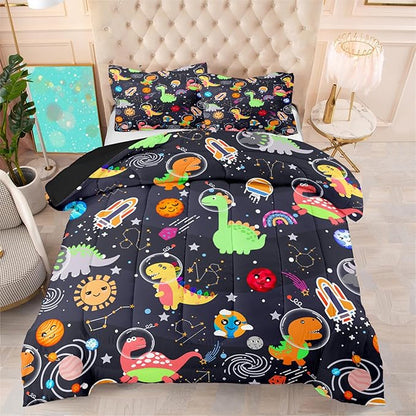 Dinosaur Bedding Set for Boys - 2Pcs Lovely Black Dinosaur Bedding Set for Bedroom Twin Size Cute Animal Patterns Dinosaur Comforter Set for Boys Girls Teens Kids Room Decor, 1 Quilt 1PillowCase