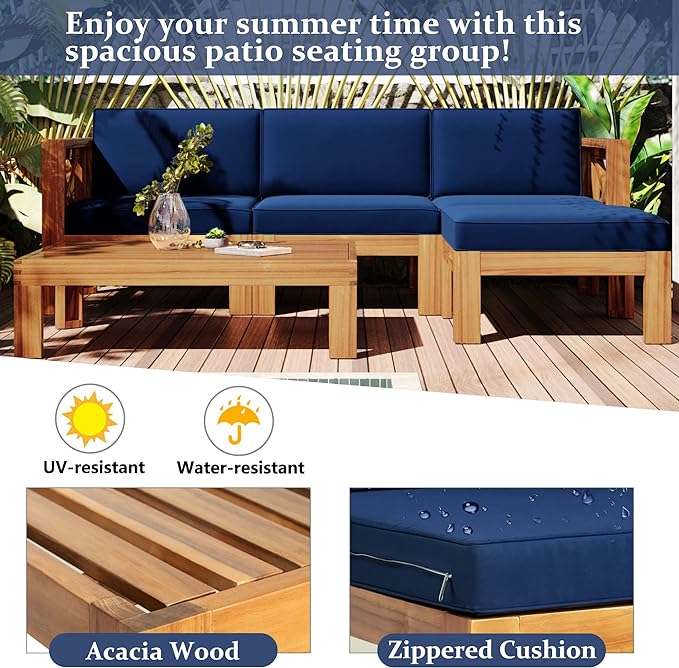Merax 5 Pieces, Patio Furniture Sets, Solid Wood Sectional Sofa Seating Group with Soft Cushions, for Backyard and Garden, Blue