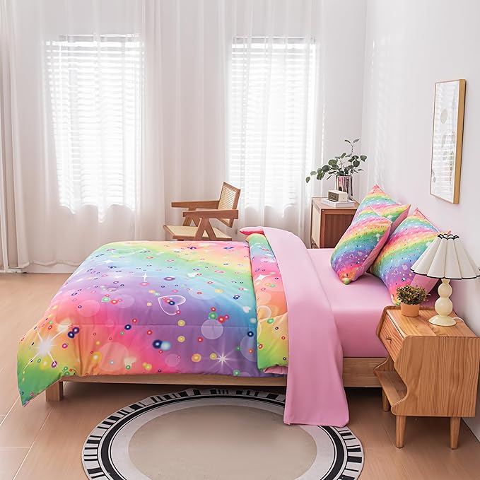 Girls Comforter Sets Queen, Girls Queen Rainbow Bedding, 6 Pcs Bed in a Bag Queen, Kids Princess Comforter Set for Girls(1Comforter, 1Flat Sheet, 1Fitted Sheet, 1 Pillow Cover, 2Pillowcases)