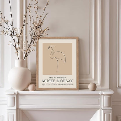 Poster Master Vintage Poster - Retro Minimalist Print - Gift for Artist, Housewarming - Flamingo, Line Drawing, Sketch, Abstract - Wall Decor for Living Room, Bedroom, 8x10 Beige Framed