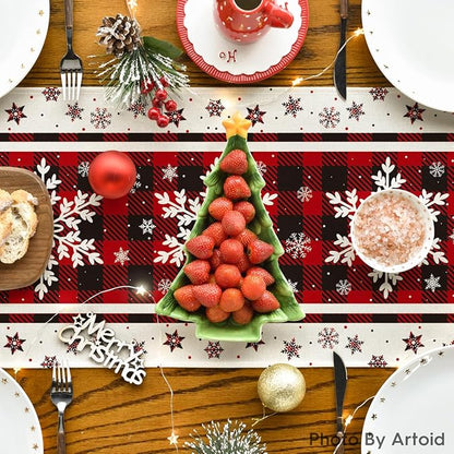 Artoid Mode Buffalo Plaid Snowflakes Christmas Table Runner, Seasonal Winter Kitchen Dining Table Decoration for Home Party Decor 13x60 Inch