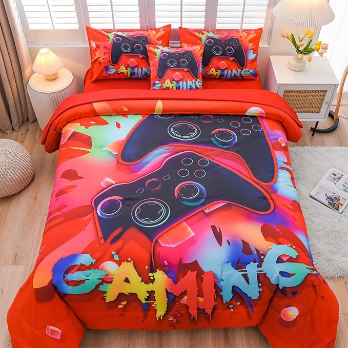 Aimuan Gaming Comforter Sets for Boys Kids Bedding Sets Video Games Console Action Buttons Novelty Colorful Game Gamepad Controller Modern Gamer Room Decor Home Quilt Set (Twin 6 Pcs, Red)