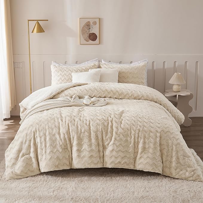 Andency Beige Fleece Comforter Set Full, 3 Pieces Fuzzy Shaggy Faux Fur Bedding Comforter Set, Warm Soft Plush Fluffy Sherpa Bed Comforter Set for Winter