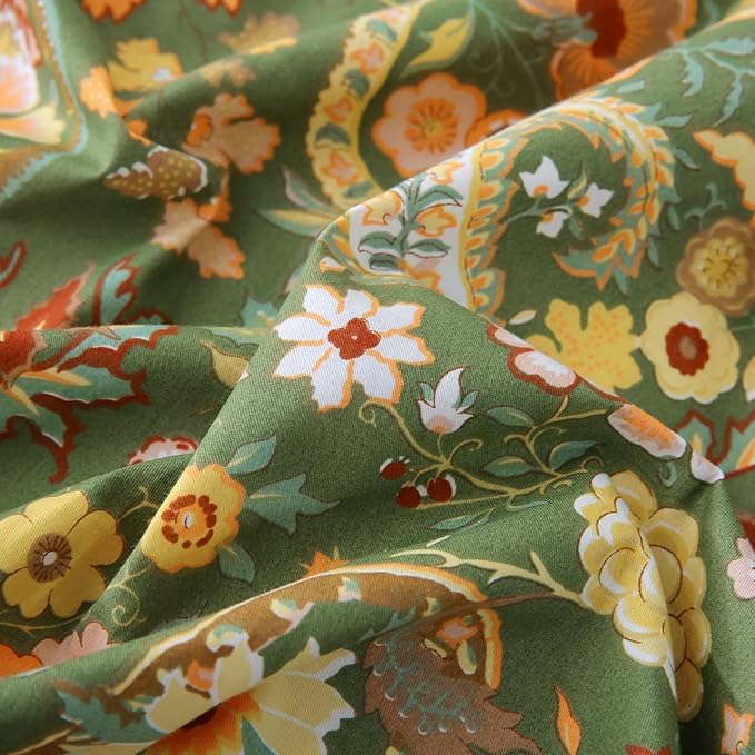 ABREEZE Paisley Bedding Sets 3Pcs Brushed Cotton Duvet Cover Set Queen Size Rustic Damask Green Floral Comforter Cover with Zipper Closure Boho Bedding Collections