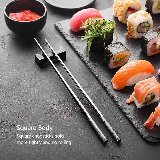 IQCWOOD Laser Engraved 18/8 Stainless Steel Chopsticks, 5 Pairs Reusable Dishwasher Safe Metal Chopsticks, Non-Slip Square Japanese Korean Style Chop Sticks for Cooking Eating, 9 1/4 Inches Gift Set