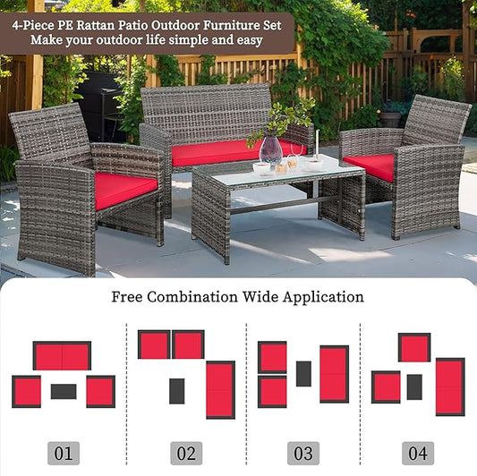 Shintenchi 4-Piece Outdoor Gray Wicker Patio Conversation Furniture Set, Rattan Patio Furniture Set with Weather Resistant Cushions and Tempered Glass Tabletop,Red