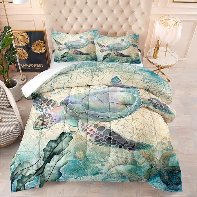 CVHOUSE Sea Turtle Comforter Sets King for Ocean Lovers,Turtle Beach Bedding Sets King Set,Turtle Bedspread,Turtle Duvet,Turtle Bed Set,Turtle Quilt Set 3 Pcs 1 Comforter and 2 Pillowcases