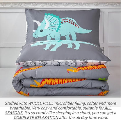 RYNGHIPY Dinosaur Kids Comforter Set Cartoon Dinosaur Bedding Sets for Boys 3 Pieces Twin Microfiber Comforter with Pillowcases Soft Lightweight (Dark Grey,Twin)