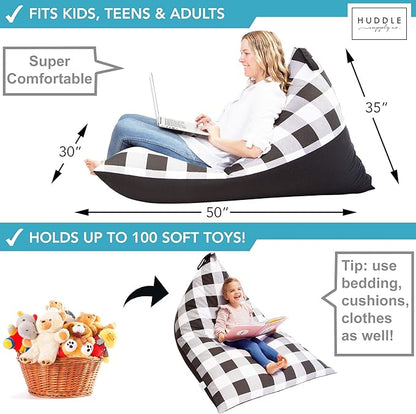 Stuffed Animal Bean Bag Storage - Machine Washable Bean Bag Chair for Kids - Extra Large Cover for Stuffing with Plush Toys, Pillows, Soft Items - Stuffed Animal Holder for Boys & Girls - Gingham