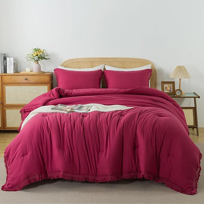 Andency Burgundy Red Tassel Comforter Set Twin(68x90Inch), 2 Pieces(1 boho Comforter, 1 Pillowcase) Farmhouse Shabby Chic Comforter Set, Soft Microfiber Lightweight Fringe Bedding Comforter Set