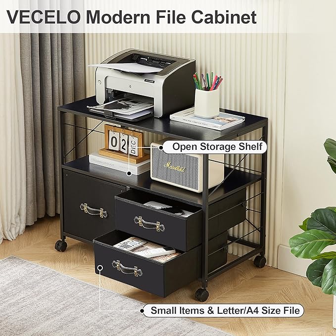VECELO 3 Mobile File Cabinet Rolling Printer Stand with Open Shelf, Fabric Lateral Storage Station for Home Office,Drawer Adapts Letter Size Hanging Folders, Black