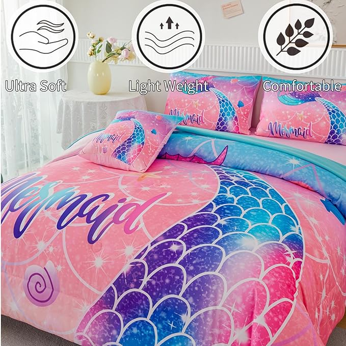 RYNGHIPY Mermaid Kids Girls Comforter Set Full Size Pink Blue Gradient Fish Tail Bed in a Bag - includes Comforter & Sheet Set for Teens Girls Super Soft Kids Bedding