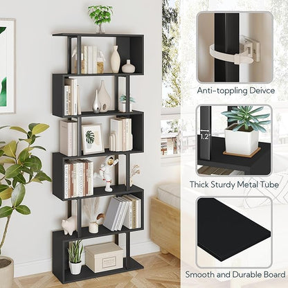 Yusong S Shaped Bookshelf, Modern Geometric Bookcase, 6-Tier Black Display Case Book Shelf