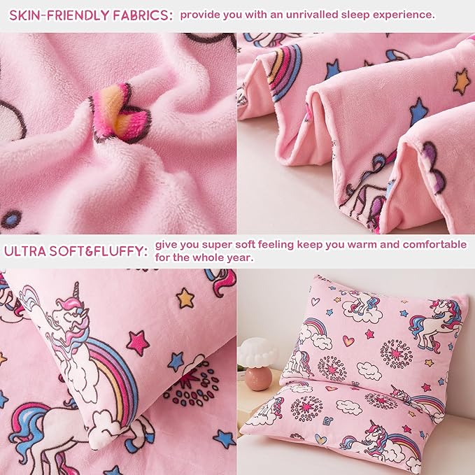 Mooreeke Glow in The Dark Full Plush Fleece Comforter Bed Set, Soft & Warm 3 Piece Bed in A Bag with Sham, Velour Velvet Pink Unicorn Girls Kids Bedding Set, Fluffy Fuzzy Polar Cozy and Stylish