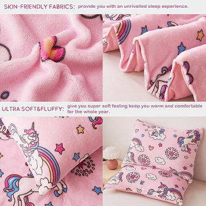 Mooreeke Glow in The Dark Full Plush Fleece Comforter Bed Set, Soft & Warm 3 Piece Bed in A Bag with Sham, Velour Velvet Pink Unicorn Girls Kids Bedding Set, Fluffy Fuzzy Polar Cozy and Stylish