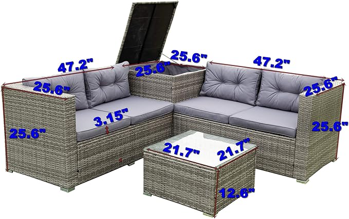 4 Piece Outdoor Furniture Set Wicker Rattan Patio Sectional Sofa with Storage Box and Table for Garden, Backyark, Porch Deck, Balcony, Grey