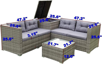 4 Piece Outdoor Furniture Set Wicker Rattan Patio Sectional Sofa with Storage Box and Table for Garden, Backyark, Porch Deck, Balcony, Grey