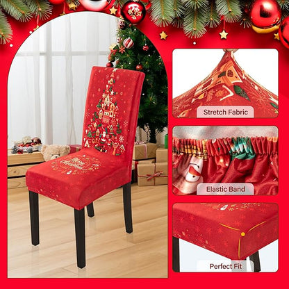 4PCS Christmas Dining Chair Covers, Stretch Removable Washable Dining Room Chair Protector Slipcovers, Xmas Tree Heart Kitchen Chair Cover, Slipcover Protector for Xmas Holiday Party Home Décor